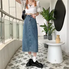 【インディゴブルー★ＸＬ】ウォッシュド・デニム　マキシスカート 大きめ Aライン フレア　体型カバー　大きめ　ゆったり