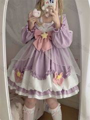 ゆめかわ パステルブルー　パープル　長袖　ドレス　リボン　姫　華ロリ　サブカル　服　ガーリー系　ロリータ　ロリィタ　バンギャ