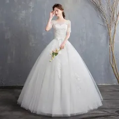 ウェディングドレス Aライン 袖あり 結婚式 花嫁ドレス 体型カバー 着痩せ 白 ホワイトドレス 披露宴 二次会 ブライダルドレのサムネイル