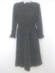 ◇ MAJESTIC LEGON 総柄 フリル バックリボン 長袖 膝下丈 ワンピース サイズM ブラック アイボリー系 レディース P  【1301260016855】