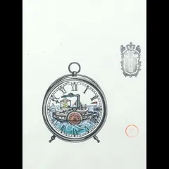 川上澄生・作　蒸気船の時計図（版画）　額、段ボールさし箱付き 川上澄生・作 蒸気船の時計図（版画） 額、段ボールさし箱付き