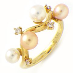 タサキ 田崎真珠 TASAKI リング 4ポイント パール 4.0-4.5mm珠 4ポイント ダイヤモンド 計0.05ct K18YG 6.5号 【中古】