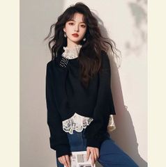 【2025年春新作】立体裁断 ホワイトレース拼接ぎブラックロングスリーブTシャツ 日韓カジュアル プチプラ偽ツーピース 大人可愛い 直筒シルエット 女性らしいトップス S/M/L/XL