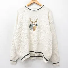 XL/古着 長袖 セーター メンズ 90s シカ 刺繍 大きいサイズ コットン クルーネック 生成り 25jan15 中古 ニット トップス