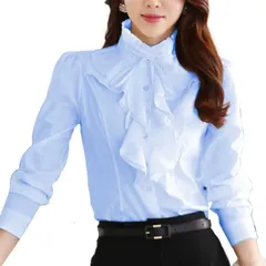 AQUA Marine フロントフリルブラウス レディース フリルネック シャツ トップス リボンタイ 立ち襟 ハイネック 無地 フォーマル 長袖 オフィス(ライトブルー,  L)