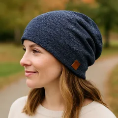 ニット帽 メンズ 無地　裏起毛極暖　デニムブルー