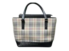 バーバリー BURBERRY チェック柄 ハンドバッグ ロゴ トート ハンドバッグ キャンバス ベージュ ブラック レディース 【中古】NA25H(T)1