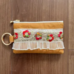インド刺繍リボンのミニポーチ　キャメル×レッド系