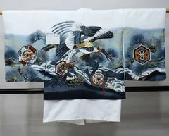 七五三 五歳 男児 羽織・着物・襦袢3点セット 豪華絢爛 金刺繍 M 白地 鷹 お仕立て無料 祝着 NO27440-2