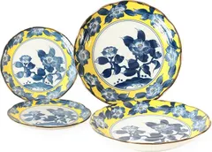 Minoribo 美濃焼 パスタ/カレー皿2枚＆小皿2枚セット 椿柄 黄色 イエロー 日本製 食洗器・電子レンジ対応 椿TNG007(イエロー椿,  Large ＆ Small)