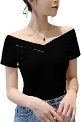 Beaumens(ビューメンス) オフショルダー トップス シャツ ブラウス tシャツ スポーティ 夏 秋 冬 肩出し ニット セクシー ワンピ 大きい サイズ レディース 柄 地雷系 襟付き 服(ブラック 半袖,  L SlimShort)