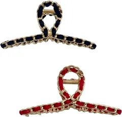 ルナリ バンスクリップ 2個セット ヘアクリップ バレッタ リボン シンプル ブラック＆レッド( ブラック＆レッド)