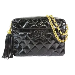 90s ヴィンテージ シャネル Vintage CHANEL パテントレザー マトラッセ ショルダーバッグ タッセル フリンジ ゴールド チェーン CC ココマーク 斜め掛け カバン 鞄 90年代 オールド ビンテージ ブラック 黒 レディース