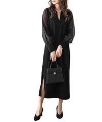 [Dep Club] 甘さ控えめ大人のボリューム袖 パーティードレス 結婚式 シフォン セットアップ お呼ばれ フォーマル レディース お呼ばれワンピース 長袖 春 秋 冬 春秋 (M, ブラック) [ブラック] [M]