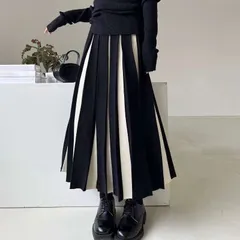 ★プリーツスカート ロング丈 ニット 秋冬 レディース ストライプ Aライン バイカラー ニット 2color切り替え 体型カバー