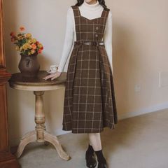 【新品】レトロガーリー♡チェック柄ミモレ丈ジャンパースカート　A1128　レディース 韓国 ワンピース ジャンパースカート チェック柄 秋冬 ベルト レトロ おすすめ ブラウン グリーン　S M L