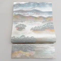 袋帯 正絹 金糸銀糸 シルバー系 パステル系 薄ピンク色ｘ薄緑色ｘシルバー 国際公園松島文様 風景文様 六通柄 フォーマル 礼装 長さ432cm