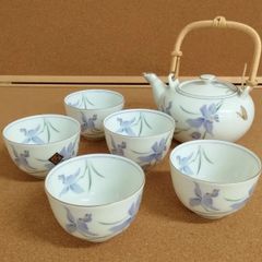 湯呑み　急須　5客セット　日本茶用品　茶器　かわいい　アヤメの花柄　シンプル　ASR7-8