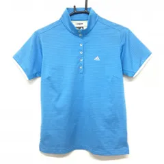 【美品】アディダス 半袖ハイネックシャツ ライトブルー×白 ボーダー クリマクール  レディース M/M ゴルフウェア adidas