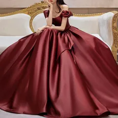 カラードレス Aラインドレス ロングドレス ワインレッド サテン 半袖 赤 オフショルダー ウェディングドレス 結婚式 二次会 花嫁 前撮り 演奏会 発表会 ステージ衣装 0996