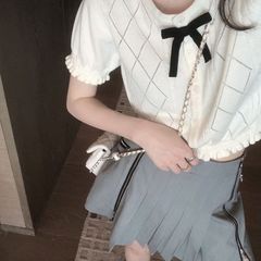 【新品】カジュアルガーリー♡リボンニットトップス　B0344 レディース 韓国 韓国ファッション 半袖 ニット トップス リボン ガーリー フリル袖 シンプル 可愛い ショート丈 白 透かし編み 通勤 通学 S M