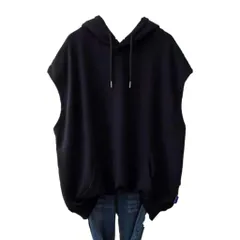 [Kai La Nalu] フード 付き ベスト 袖なし トップス ノースリーブ トレーナー スポーツ ウェア 体型 カバー ゆったり 薄手 シンプル お洒落 大きい サイズ 無地 通勤 カジュアル お出かけ tシャツ パーカー 春 夏 [ブラック] [XL]