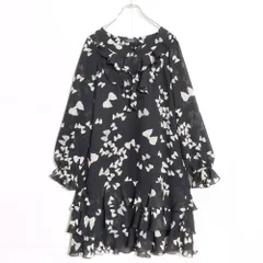 【美品】インゲボルグ★かぶせ段々！ワンピース  サイズ9 黒系 フリルたっぷり♪リボン柄♪z14339