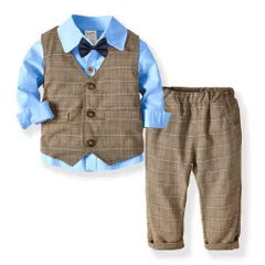 ☆ ブラウン×ブルー ☆ 130cm ☆ キッズ フォーマルスーツ 男の子 pk19a311 子供服 フォーマル スーツ 男の子 蝶ネクタイ付き シャツ ベスト 長袖 英国風 子供スーツ 子供 キッズ おしゃれ 記念日 こども 子ども 入学式 卒業式 結婚式