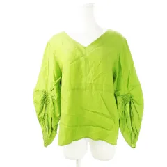 ルカ LUCA LADY LUCK LUCA ブラウス Vネック 七分袖 ボリュームスリーブ ギャザー とろみ感 バックリボン ライン 38 緑 グリーン /CK4