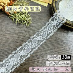 S684【30m】良い品質　ハシゴ花柄刺繍ラッセルレースリボン　アイボリー