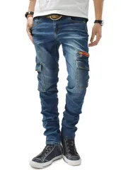 M_インディゴ [Ash] レッドジッパー スキニーカーゴ デニムパンツ 全3色 (M, インディゴ)