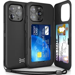 TORU CX SLIM iPhone14Pro ケース | 隠れた 手帳型 収納背面 3枚 カード | 2重構造 耐衝撃 IC カード ポケット パススリム ケース (ストラップ, ミラー 含ま) - ブラック 1