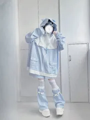 🌟3点セットアップ🌟　サブカル　天使界隈　パステルブルー　量産型　サイバー　y2k　リボン　地雷系　原宿　渋谷　推し活　病みかわ　かわいい　水色界隈　パーカー　トップス　ジャージ　地雷系　ゆったり　ガーリー系　アウター　バイオエンジェル　フード付き　耳付き