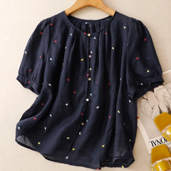 モード系  刺繍  ししゅうシャツ 個性派  大きいシャツ  ししゅう  シャツ 小さなハート  丸首  半袖シャツ  夏  気質  小さなシャツ  超美しい  ラミートップ  薄い