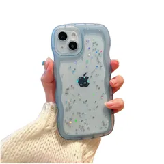 きらきら iPhone16 ケース クリア 透明 ラメ入り 星 キラキラ ウエーブ 波型フレーム かわいい アイホン16 カバー 大人 可愛い デコレーション 女性 人気,ブルー 0