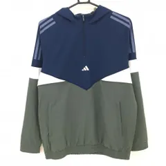 【美品】アディダス フード付ブルゾン ネイビー×グレー×白 ハーフジップ 裏メッシュ メンズ M ゴルフウェア 2024年モデル adidas