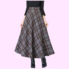 Size:L_Color:グレー [エムズ ミミ] ロングスカート 秋冬 チェック柄 aライン レディース フレア ロング マキシ丈 フレアー マキシ プリーツ サーキュラー ゴム ウエストゴム ハイウエスト ポケット ポケット付き スカート 部屋着 ルームウ