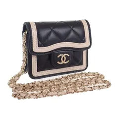 【CHANEL】 ミニ マトラッセチェーン クラッチ  ショルダーバッグ ラムスキン ブラック ベージュ ゴールド金具 レディース