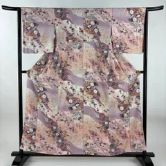 小紋 身丈157cm 裄丈64cm M 袷 草花 波 金彩 ぼかし ピンク 正絹 優品 【中古】