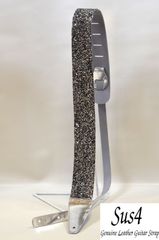 当店オリジナル 国内生産　ハンドメイド　ギターストラップ　グリッダー（輝石)ブラック＆シルバー 革:シルバー　ステッチ:白