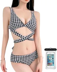 NAKACHI 水着 レディース ビキニ セパレート 三角ショーツ 脚長 韓国風 防水ケース付きs( 千鳥格子（白黒）,  XL)