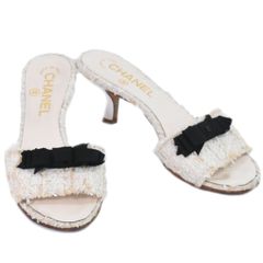 本物 シャネル CHANEL ココマーク リボン ツィード サンダル ミュール 35 キャンバス ベージュ ブラック レディース シューズ 靴 中古 【フォロー割】
