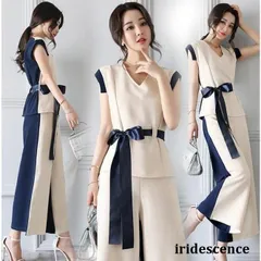 セットアップ パンツスーツ レディース ブラウス 結婚式 大人 上品 ガウチョパンツ トップス Vネック 配色 ベルト付き おしゃれ 着痩せ 薄手 夏物