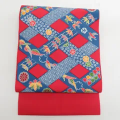 名古屋帯 正絹 型染め 塩瀬 赤色ｘ青色ｘ多色 カラフル 幾何学模様に鳥と花々模様 全通柄 カジュアル 仕立て上がり 着物帯 長さ368cm