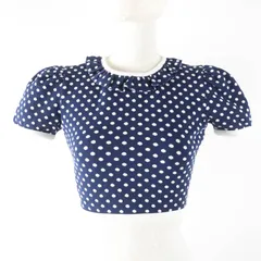 美品☆MIUMIU ミュウミュウ 2020年製 MJN277 1DVC ドット柄 クロップド丈 半袖 ニット トップス ネイビー ホワイト XS イタリア製 正規品 レディース