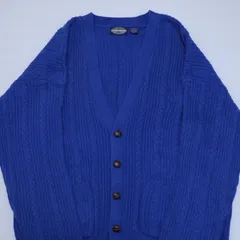 90s TOWNCRAFT タウンクラフト ポケット付き アクリルニット カーディガン セーター ケーブル アラン編み くるみボタン ニット メンズ LARGE ブルー 青 BLUE グランジ ノームコア 20202588