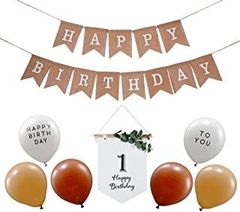 Tidepool 1歳 誕生日飾り付け 木製 ガーランド セット バルーン バースデー リネンガーランド 風船 飾り付けセット HAPPY BIRTHDAY 子供 ハッピーバースデー 1歳児用（8点セット) (カプチーノMIX)