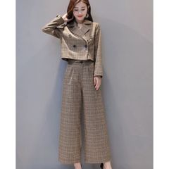 ☆ Brown ☆ Size L ☆ Women's Set-up lyse10135 Women's Set-up Autumn/Winter Pantsuit Suit Wide Pants Suit Pants Trousers Jacket Two-piece Set Elegant Casual Spring Winter Autumn Women's Clothing Stylish Adult Cute