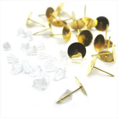 V-032 平皿ピアスピン 10mm & 樹脂ピアスキャッチ 6mmセット【ゴールド】各20個 10組 貼り付け ポストピアス ピアスピン シリコンキャッチ バックキャッチ メタル 金属 ハンドメイド アクセサリー パーツ