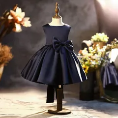☆ ネイビー ☆ 130cm ☆ キッズ ドレス pmykidsdress01 子供 ドレス キッズドレス フォーマルドレス ワンピース ノースリブ リボン 膝丈 フレア シンプル 無地 ピアノ発表会 演奏会 フォーマル 結婚式 セレモニー 七五三